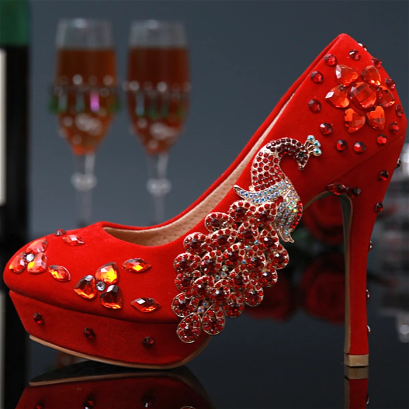 

Womens Wedding Shoes Red Peacock Crystal Bridal Evening Party High Heel Round Toe Shoes Sexy Woman Pumps Bridal Shoes