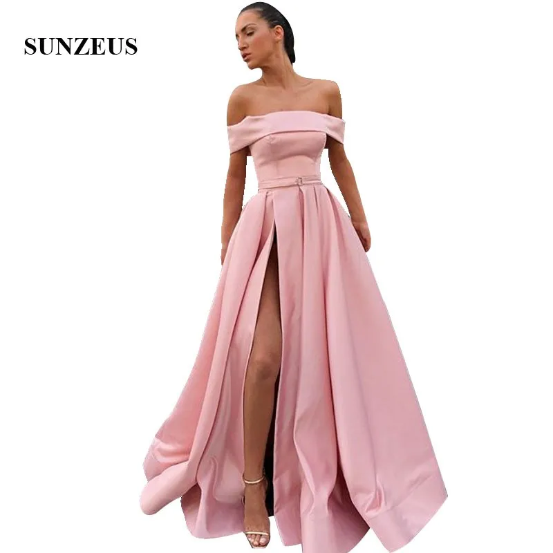 

A-line Long Satin Evening Gowns Off Shoulder Boat Neck Pink Formal Dresses For Women High Slit Party Wear Robes Longues