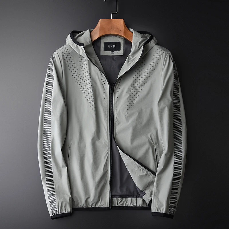 

2019 New Arrival High Quality Fashionable Design Laser Piercing Technology Casual Thin Loose Jackets Men With Hood Plus Size 4XL