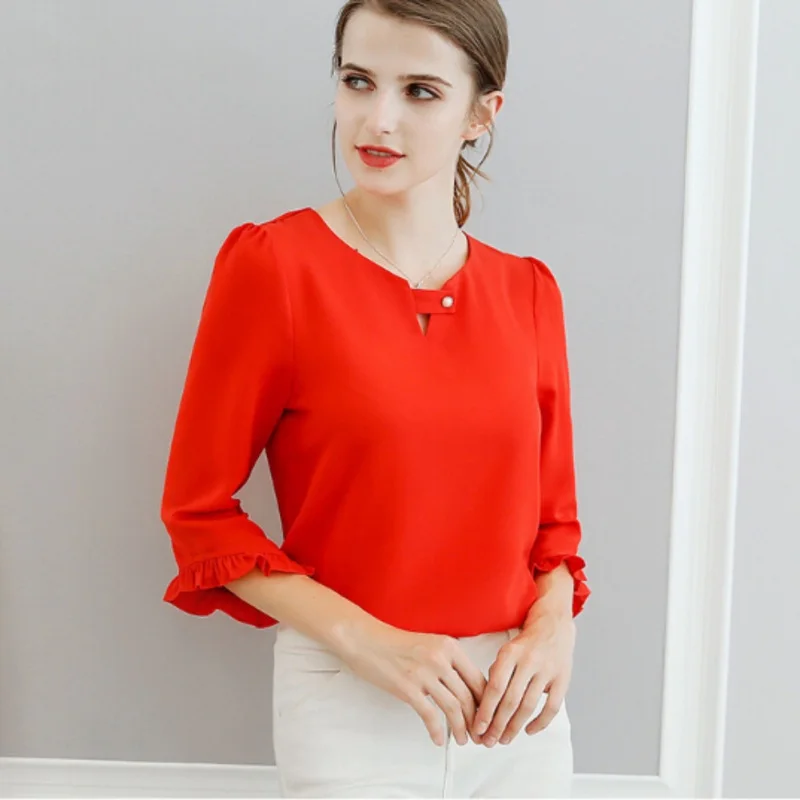 Осенняя шифоновая блузка OL с оборками и рукавами женская элегантная Однотонная