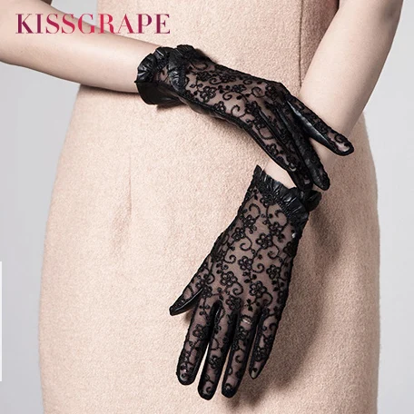 

New Summer Women Genuine Leather Gloves Ladies Elegant Gloves Women's Black Driving Gloves Anti-UV Touch Screen Lace Mittens