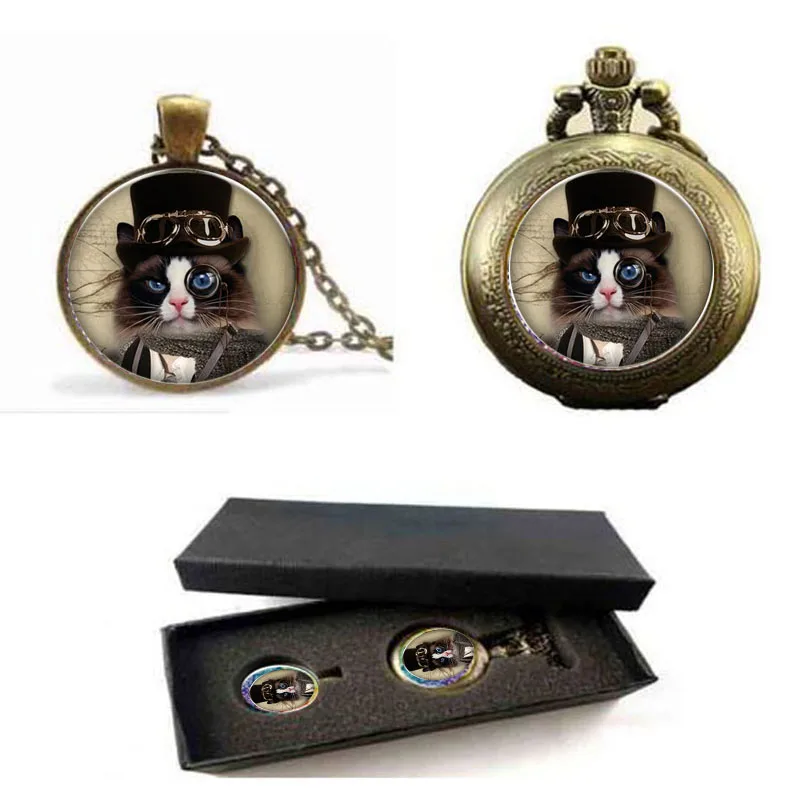 

Wholesale Steampunk Necklace Steampunk Cat Pendant Handmade Vintage Fashion Glass Dome Necklace pocket watch with free box