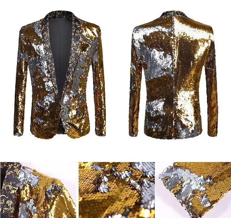 Новинка 2020 Мужской Стильный Двуцветный Блейзер золотого цвета с блестками для