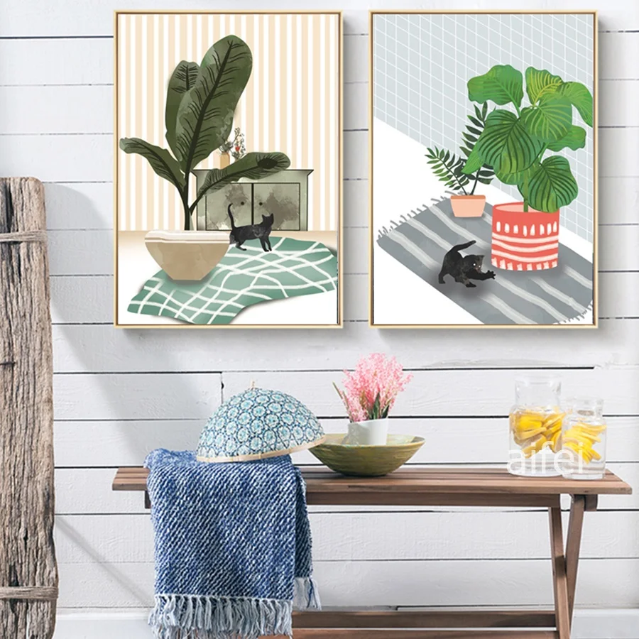 

Cartoon Animals Poster Literary Fresh Plant Cat Creative Canvas Painting Nordic Decoration Home Wall Pictures For Living Room