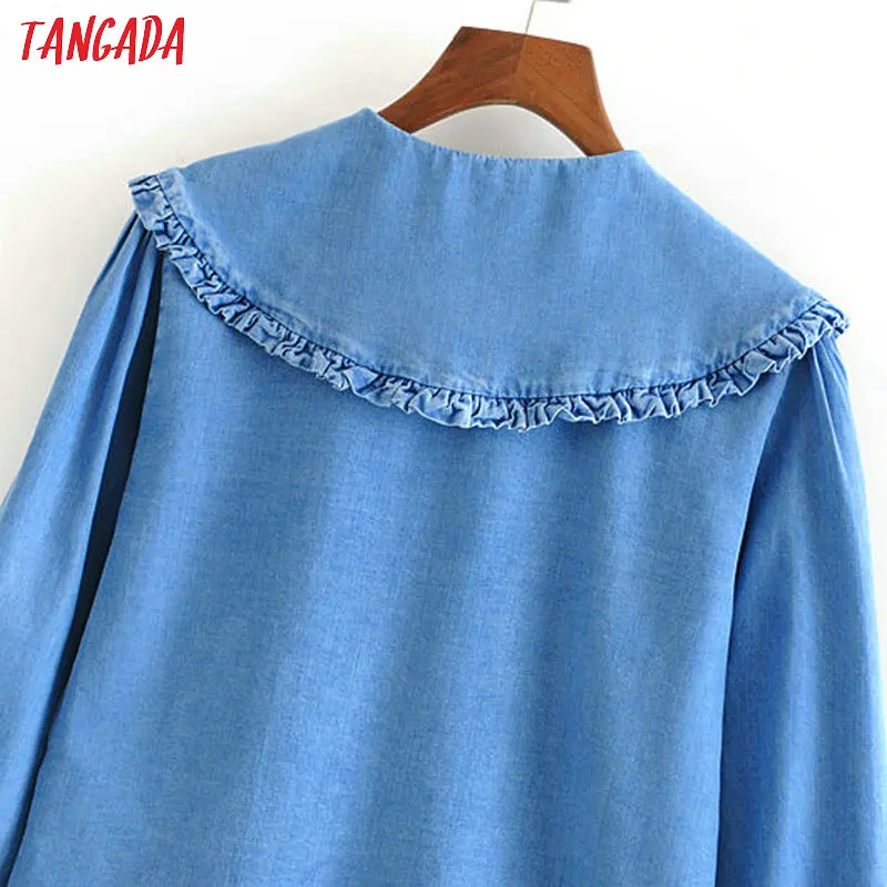 Tangada, Женская шикарная Джинсовая блузка с оборками, с длинным рукавом, воротник Питер Пэн, синие рубашки с рюшами, Женские повседневные топы, blusas 3H107