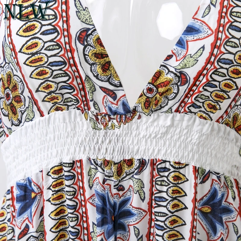 NLW White Print Maxi Dress V Neck Halter Summer 2018 Women Spaghetti Strap Sexy Long Chic Beach Party Girl Vestidos | Женская одежда