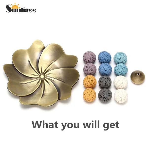 Lava Ball Bead Set Sunligoo 12 шт/14 шт Лава камень бусины для эфирных масел ж/Сакура латунная горелка с ладаном держатель для ароматических палочек-ароматерапия диффузор - Цвет: Lava Ball Bead Set