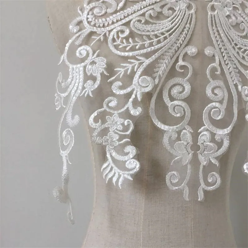 Большая Кружевная аппликация с блестками вышитая цвета слоновой кости