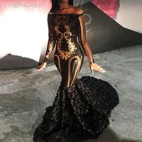 mermaid boat neck sparkly sexy sheer long sleeve golden sequin african floor length black long evening dresses for party