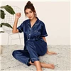 SHEIN Темно-Синяя атласная пижама с вышитыми буквами, пижамный комплект с коротким рукавом и длинными штанами, Пижама для женщин, повседневная женская пижама