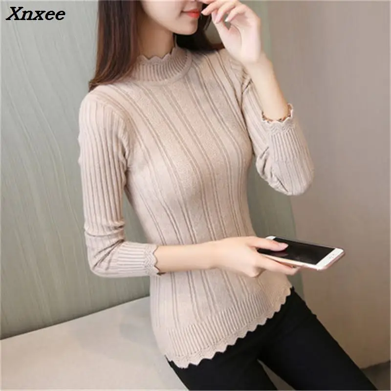 

Autumn Women knitted Sweaters and pullovers turtleneck Sweater female Jumper knitted Black White Simple Lady Sweaters pull Xnxee