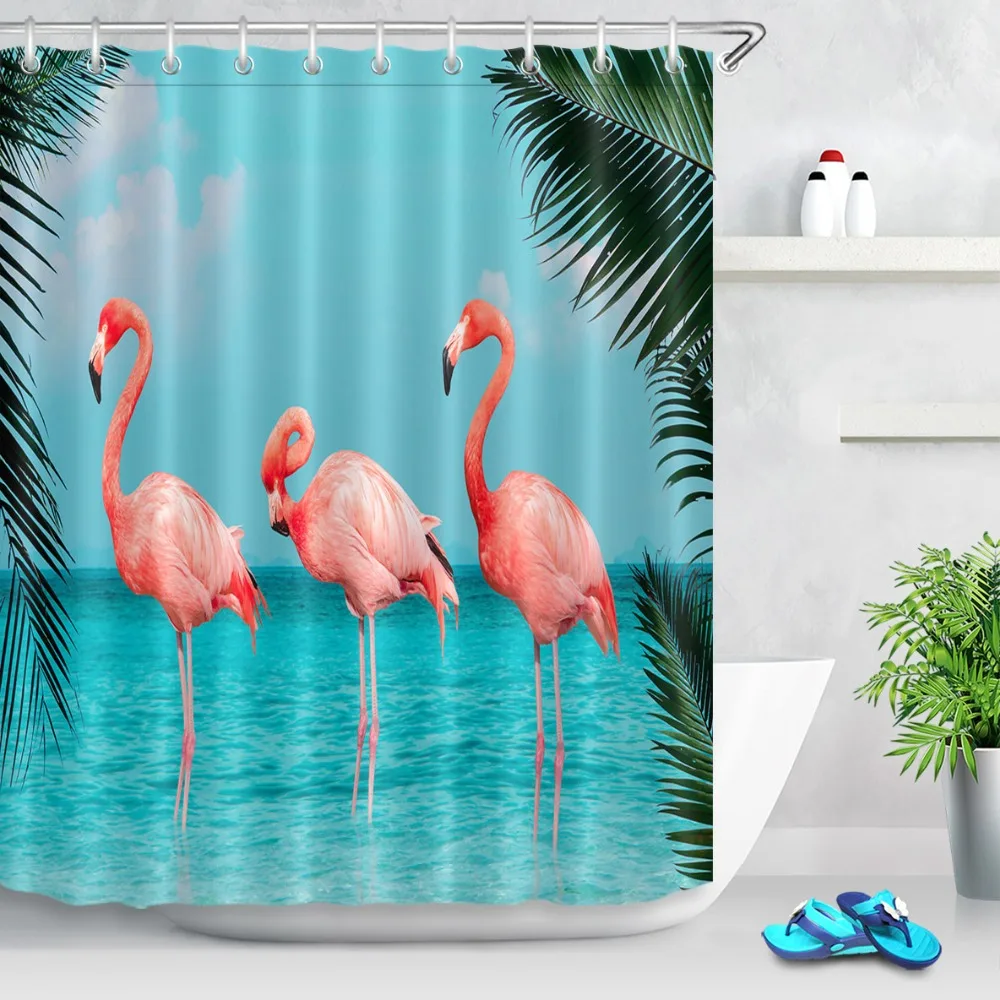 

LB Sea Sunny Sky Cloud Green Coconut Tree Leaves Flamingo Shower Curtains Waterproof Bathroom Curtain Fabric For Bathtub Decor