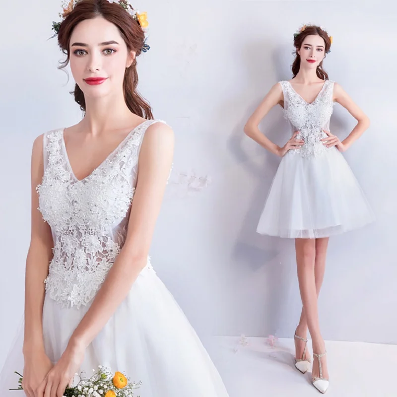 

2018 new stock plus size women pregnant bridesmaid dresses wedding party A line flower V neck sexy romantic cheap white dress