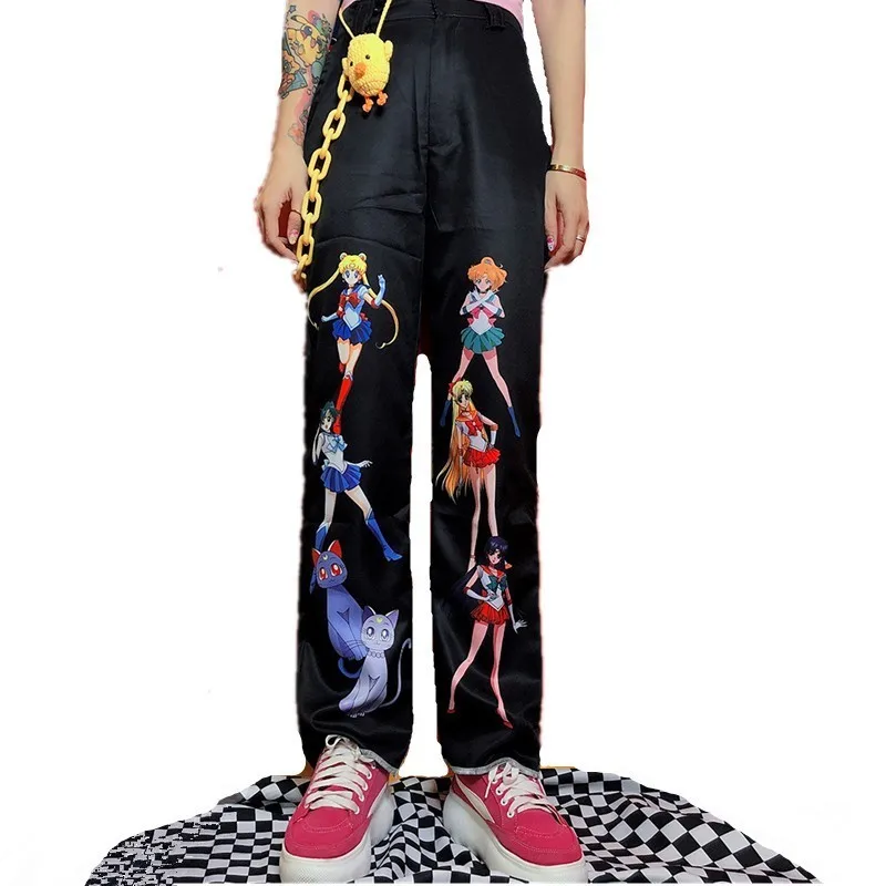 Anime Pretty Guardian Sailor Moon Print Women Trousers Loosen Long Pants Mid Waist Pant Female Harajuku Hip Hop Punk Streetwear