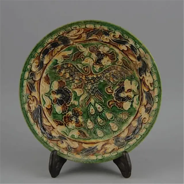 6 антикварная фарфоровая тарелка MingDynasty трехцветная скульптура Феникс и пион