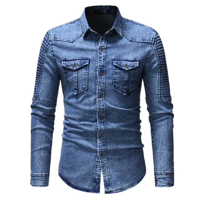 Рубашка мужская джинсовая с длинным рукавом модная повседневная облегающая