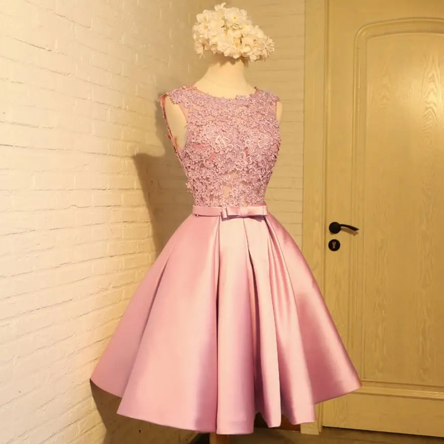 Custom wedding guest dress2019 Scoop neck lace satin A Line champagne gold silver burgundy Blush pink bridesmaid dresses short | Свадьбы и
