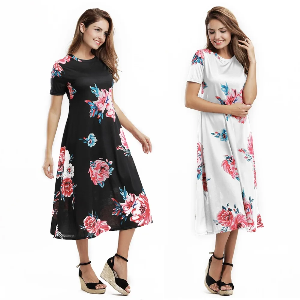 2018 летнее платье с принтом для женщин shirtmaxi Длинные рукава Boho черный и белый
