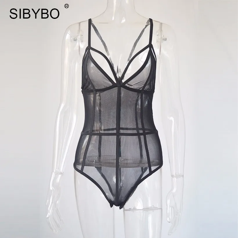 Черный Sibybo, летнее Сетчатое кружевное Женское боди без рукавов, сексуальные черные облегающие комбинезоны, цельные топы, женские комбинезоны, комбинезон Combinaison - Цвет: Черный