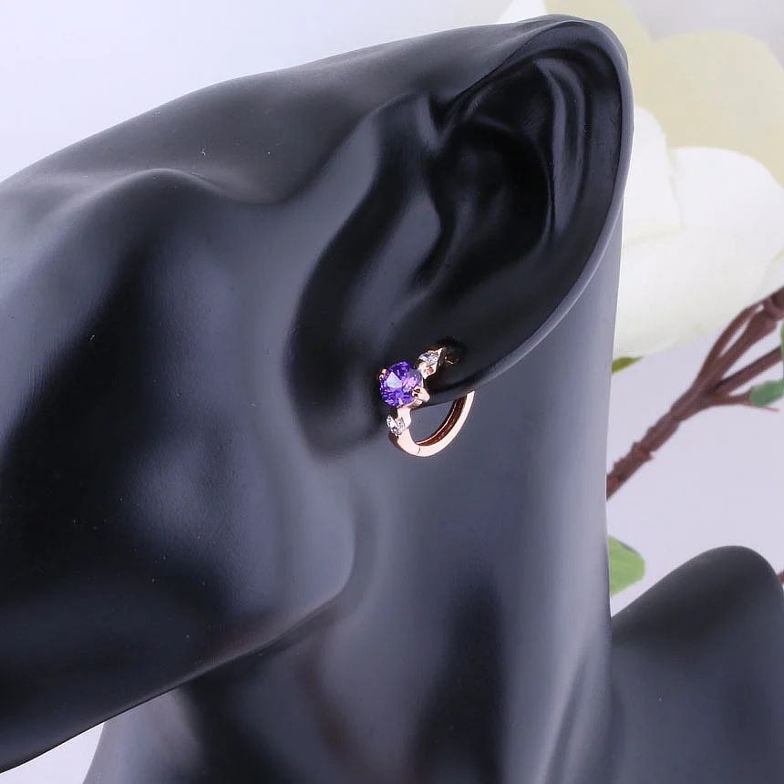 Серьги-пуссеты Love Monologue с фиолетовыми кристаллами CZ и покрытием розовым золотом для свадебного юбилея подарок X0113.