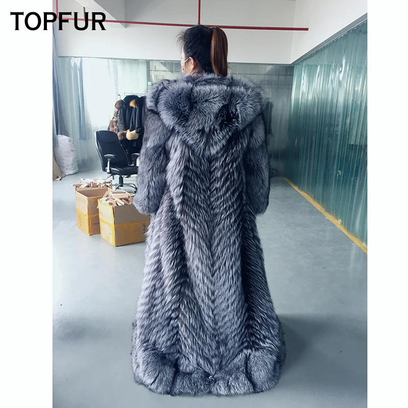 TOPFUR, модное зимнее натуральное лисьего меховое пальто для женщин, бирюзовое, серебряная лисица, натуральная кожа, Женское пальто с капюшоном, длинное пальто для женщин