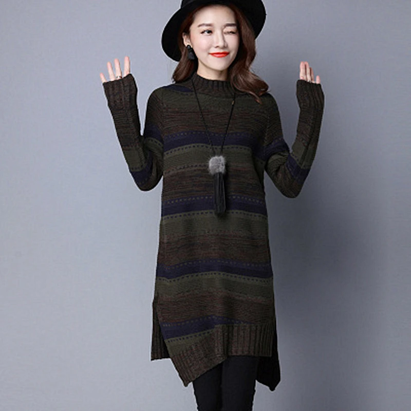 Женский толстый свитер на осень и зиму длинная свободная рубашка с полосками