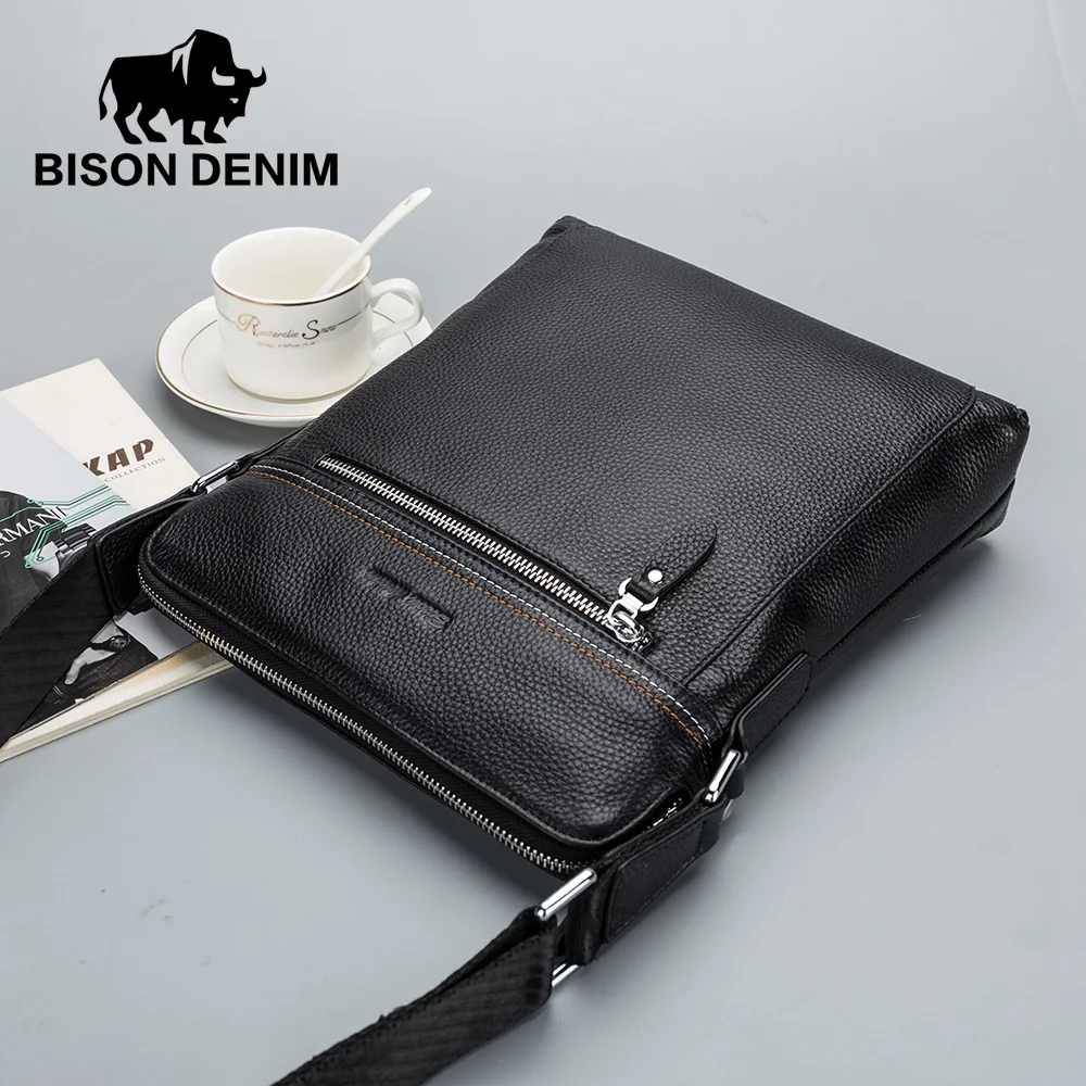 2018 BISON DENIM натуральная кожа сумка мужская на плечо молнии дизайнерские мягкие