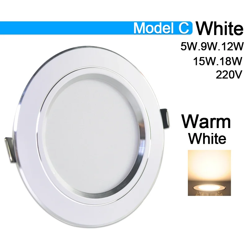 Model C Warm White Потолочный светильник 3 Вт 5 Вт 9 Вт 12 Вт 15 Вт 18 Вт точечный светодиодный светильник AC 220 В золотистый, серебристый, белый ультратонкий алюминиевый круглый встраиваемый Светодиодный точечный светильник - Испускаемый цвет: Model C Warm White