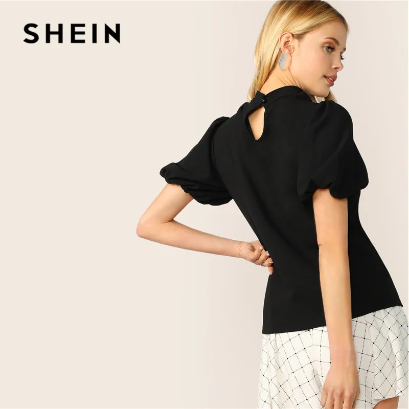 SHEIN, Сексуальная Блузка с вырезом, с пышным рукавом, черная, короткий рукав, женские топы, летние, элегантные, со стоячим воротником, Женские топы и блузки