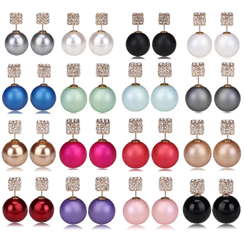 Womens Ladies Double Sides Faux Pearls Square Rhinestones Ear Studs Creative Earrings 4TJ5 | Украшения и аксессуары