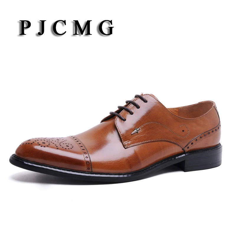 PJCMG New Fashion Men's Carved Genuine Leather Brogue Oxford Bullock Flats Vintage Lace Up Casual Business Gentle Dress Shoes | Обувь