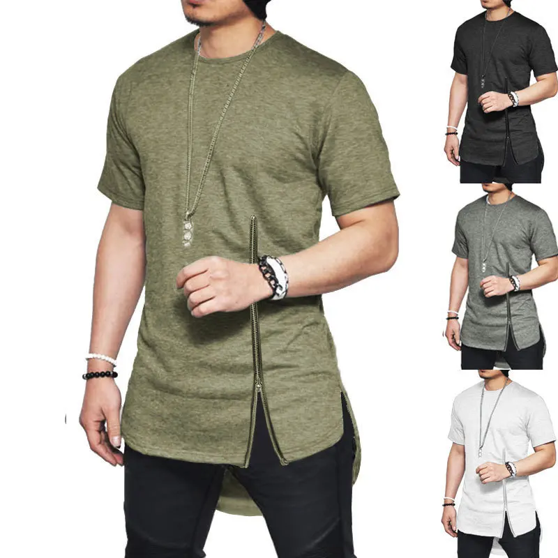 Streetwear Fashion Slim Summer Asymmetrical Men Short Sleeve zipper tshirt Fashion Hip-Hop Curved hem Cotton Men's T-shirts
