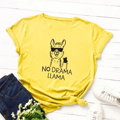 yellow SINGRAIN, крутая футболка с принтом альпаки, женская футболка большого размера с рисунком, базовые Топы, повседневные футболки с животными, уличная одежда, хлопковая Футболка с круглым вырезом - Цвет: yellow