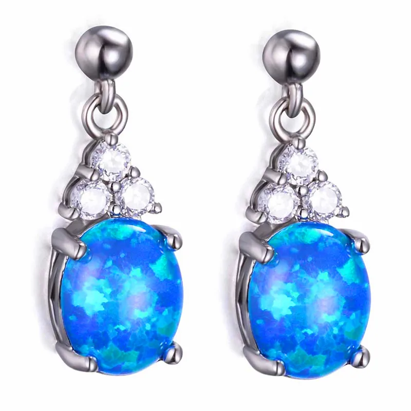 Blue Opal Earrings JUNXIN овальной огранки Синий Белый огненный опал серьги для женщин Радуга Камень Серьги гвоздики женские CZ 925 серебро свадебные ювелирные изделия - Окраска металла: Blue Opal Earrings