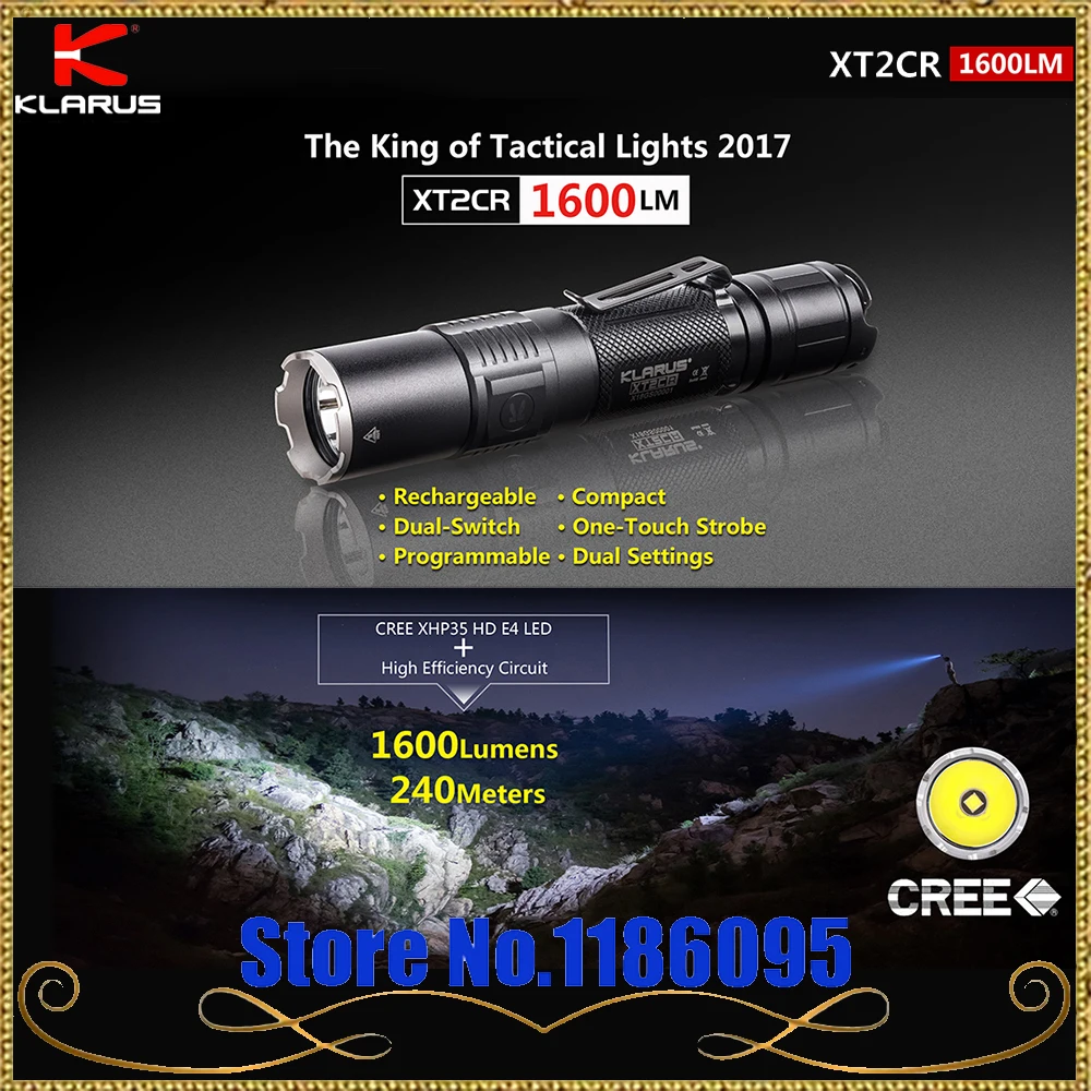 KLARUS XT2CR CREE XHP35 HD E4 светодиодный фонарик 1600 люмен компактный супер-яркий двойной переключатель перезаряжаемый тактический фонарь