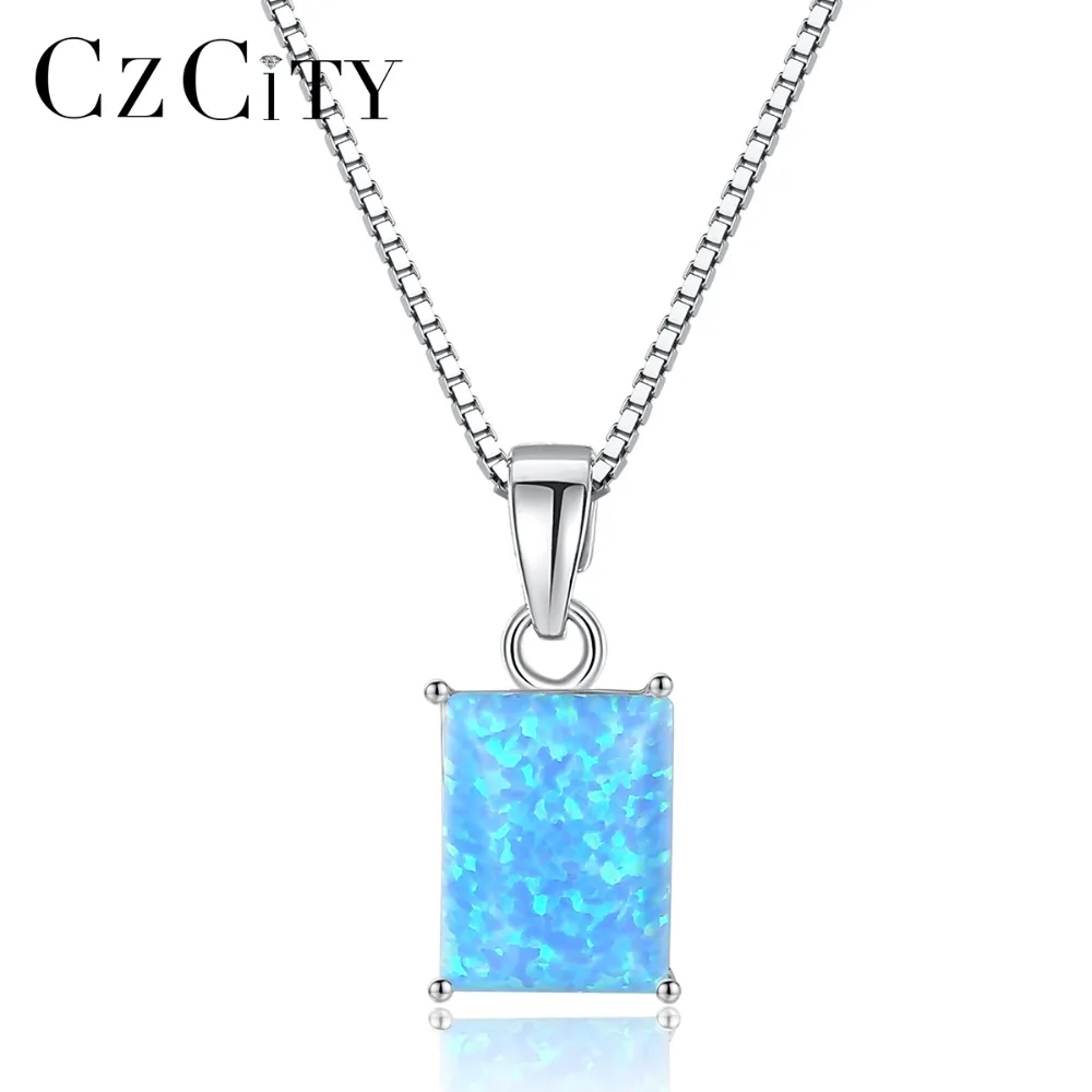 

CZCITY Pure 925 Sterling Silver Necklaces for Women Square Fire Opal Pendant Neckalce Box Chain 40+5cm Female Fine Jewelry Gifts