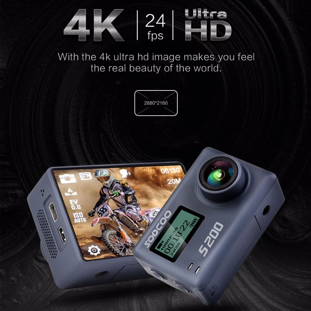 SOOCOO S200 экшн Камера со сверхвысоким разрешением Ultra HD, 4 K, NTK96660+ IMX078 с поддержкой Wi-Fi Gryo голосового управления внешний микрофон gps 2,4" сенсорный экран с ЖК-дисплеем