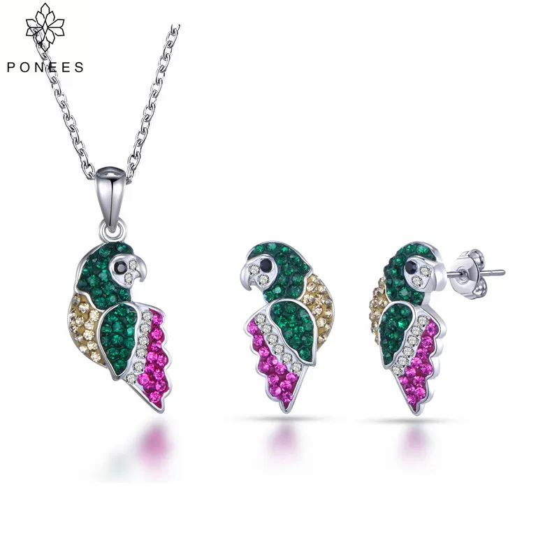 PONEES New Bird Pendants and Earrings Set Exquisite Colorful Parrot Jewelry Fashion Necklaces For Women Gift | Украшения и