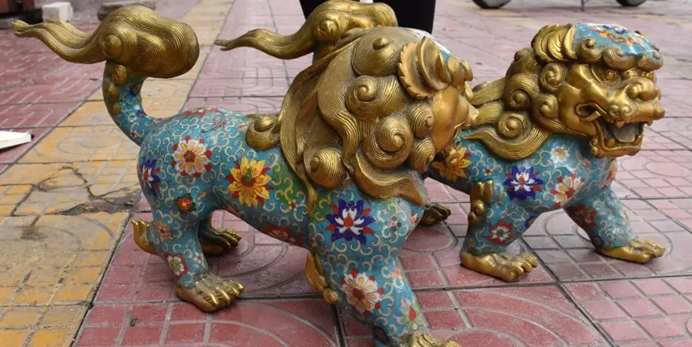 52 см Cloisonne бронза 24K золото позолоченный собака Фу Собака Guardion Лев Пара статуй