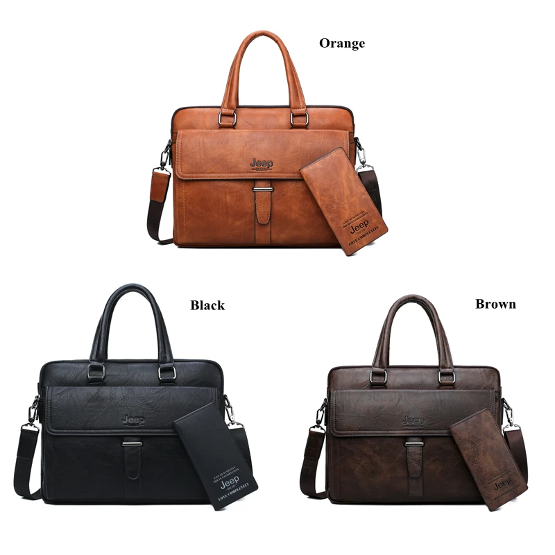 JEEP BULUO Men Briefcase Bag Leather Office Bags For 13.3 inch Laptop Business Bags 2 pcs Set Handbags Large Capacity Totes Male