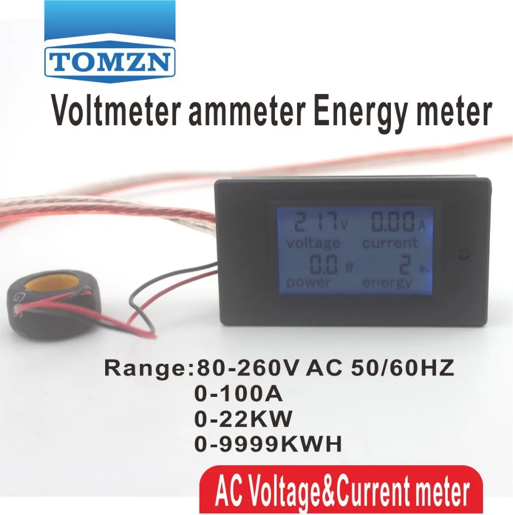 

LCD 4IN1 100A Voltage current active power energy meter blue backlight panel voltmeter ammeter kwh 80-260V 50/60HZ Split CT