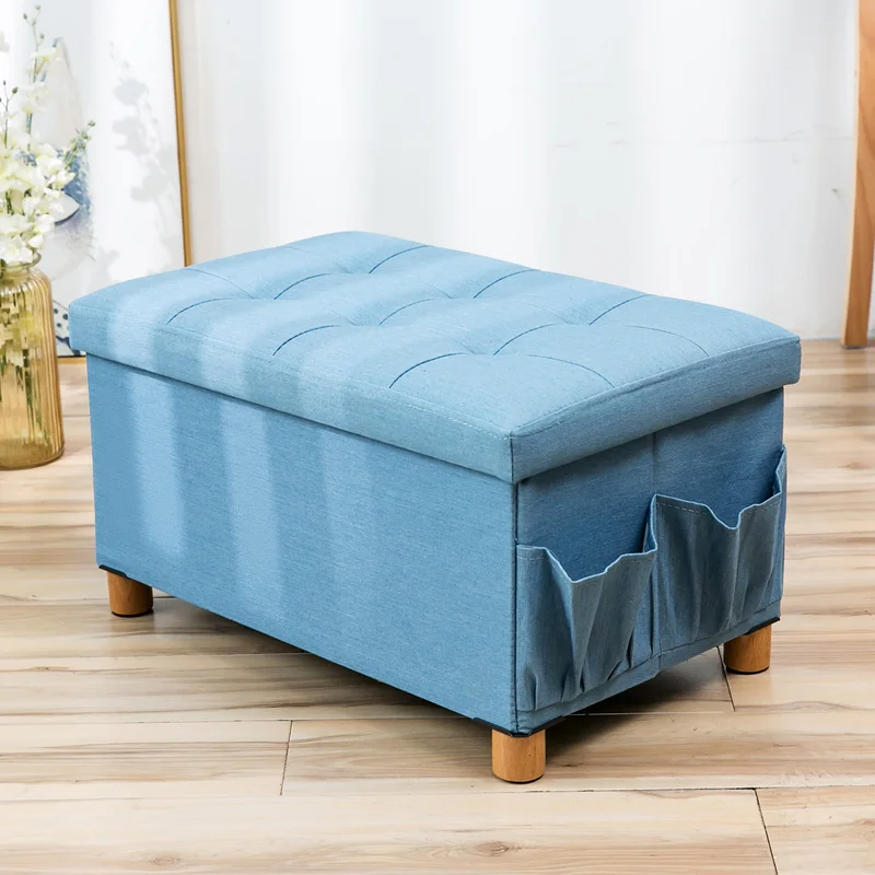 light blue L Denim fabric ottoman solid wood four feet storage stool fitting room creative slipper side pocket change shoe bench foldable - Цвет: light blue L
