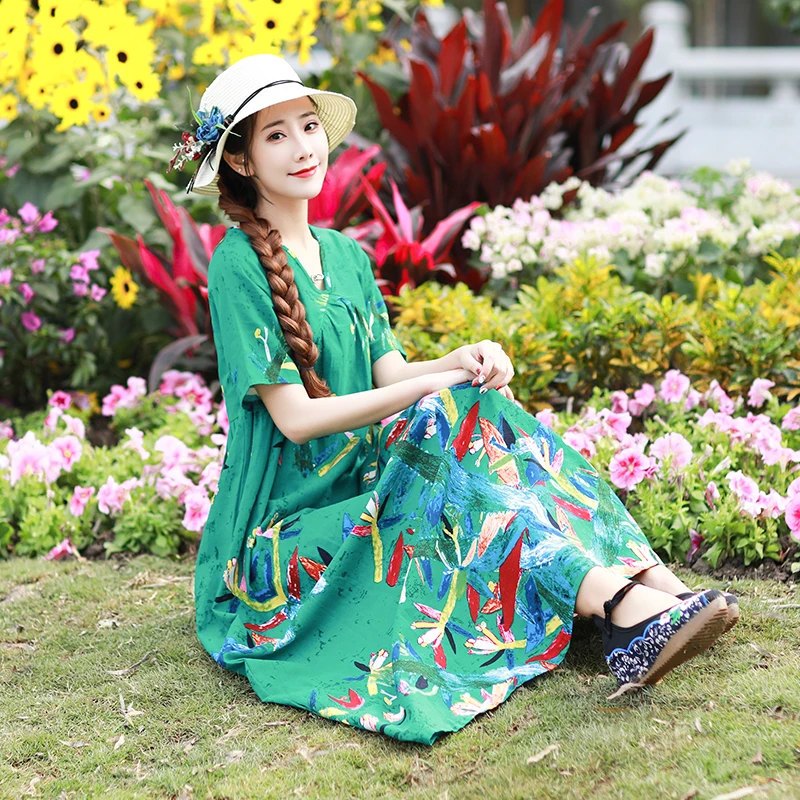 Plus Size Women Vintage Dress Summer Autumn Sundress Cotton Linen Vestidos Lady Long Dresses Print Floral Loose Casual Dress