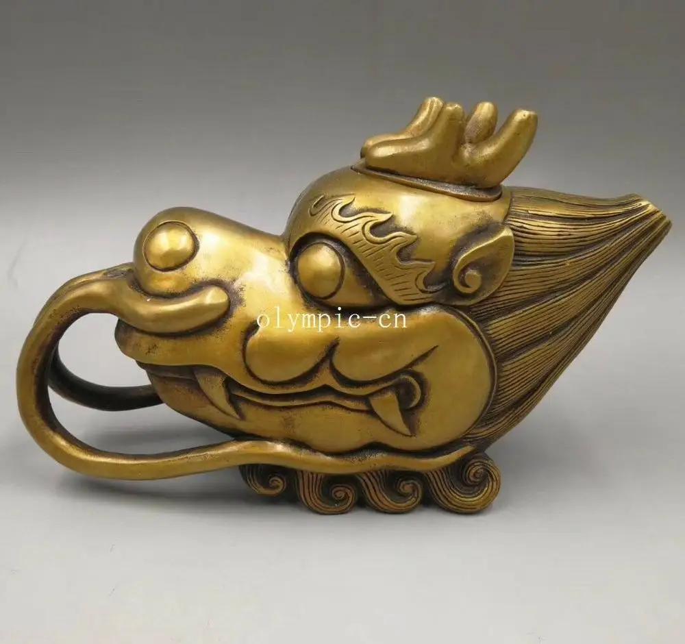 

classical brass copper carvings beast dragon head pot cup jar teapot statue