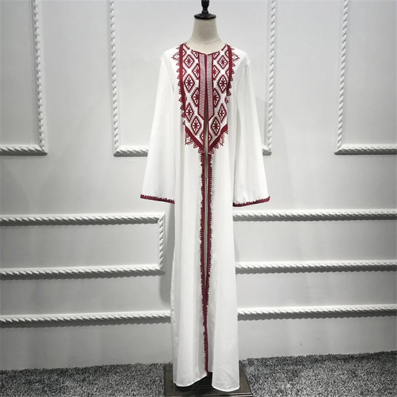 Белое мусульманское платье с вышивкой для женщин Дубай Абая халат длинный рукав