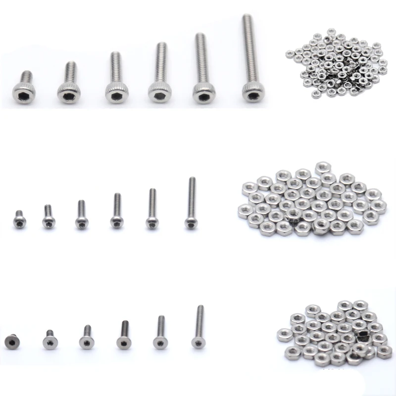 

A2 Stainless Steel M3 Cap/Button/Flat Head 250pc/set Hex Socket Screw Bolt Nut Assortment Kit