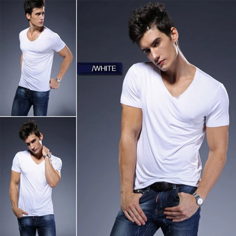 Modal Solid Color Undershirt Men Clothes Close-Fitting Short Sleeve Relax Breathable Strench V Neck Home T-Shirt Plus Size 6XL