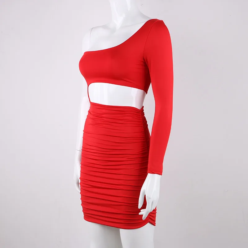 Forefair Long Sleeve One Shoulder Bodycon Dress Nightclub Autumn Winter Women Slim Backless Mini Sexy Party Dress