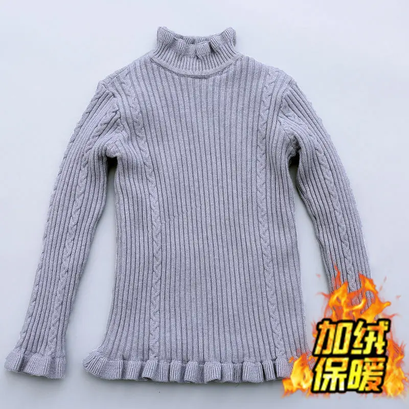 Add wool Grey Свитер для девочек; сплошной цвет оборки; свитера с рукавами; Осенняя Модная трикотажная одежда для девочек; зимние топы для маленьких девочек; теплая одежда - Цвет: Add wool Grey