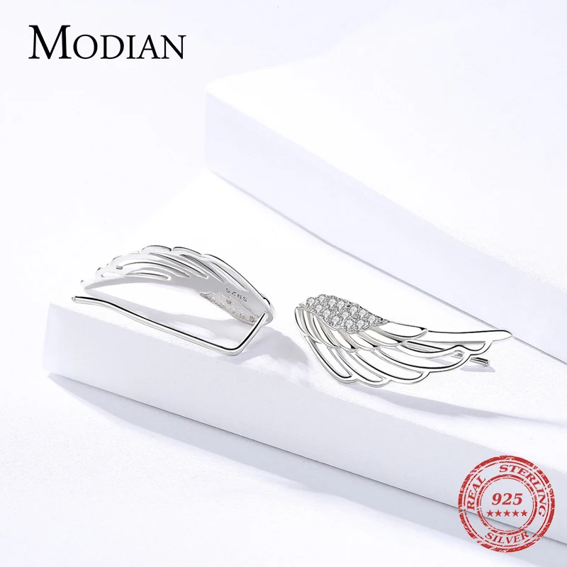 Modian, Настоящее серебро 925 пробы, крылья, прозрачный циркон, модные серьги-гвоздики для женщин, очаровательные крошечные ювелирные изделия из стерлингового серебра